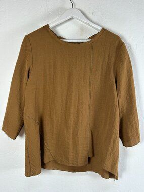 Habitat Womens Brown 3/4 Sleeve Button-Back Asymmetrical Hem Top Blouse Medium